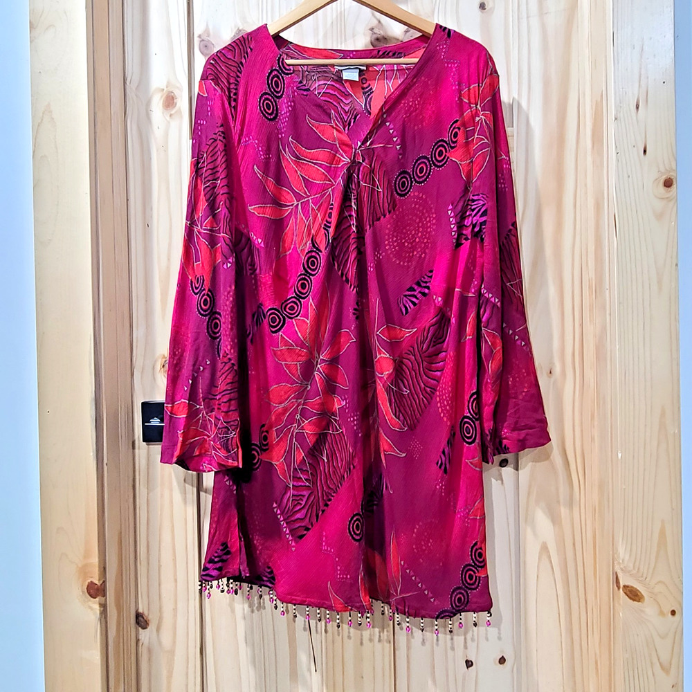 Notations Boho Pink Red Floral Leaf Print Flowy Womens 2x Tunic Dress Beaded Hem